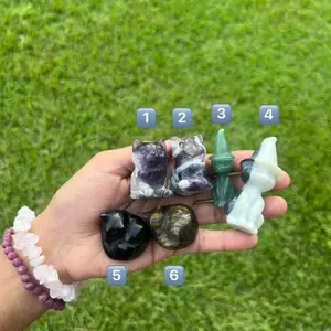 Crystal Cat Carvings - Collection of 6 Unique Designs Featuring Cats in Various Colors and Shapes