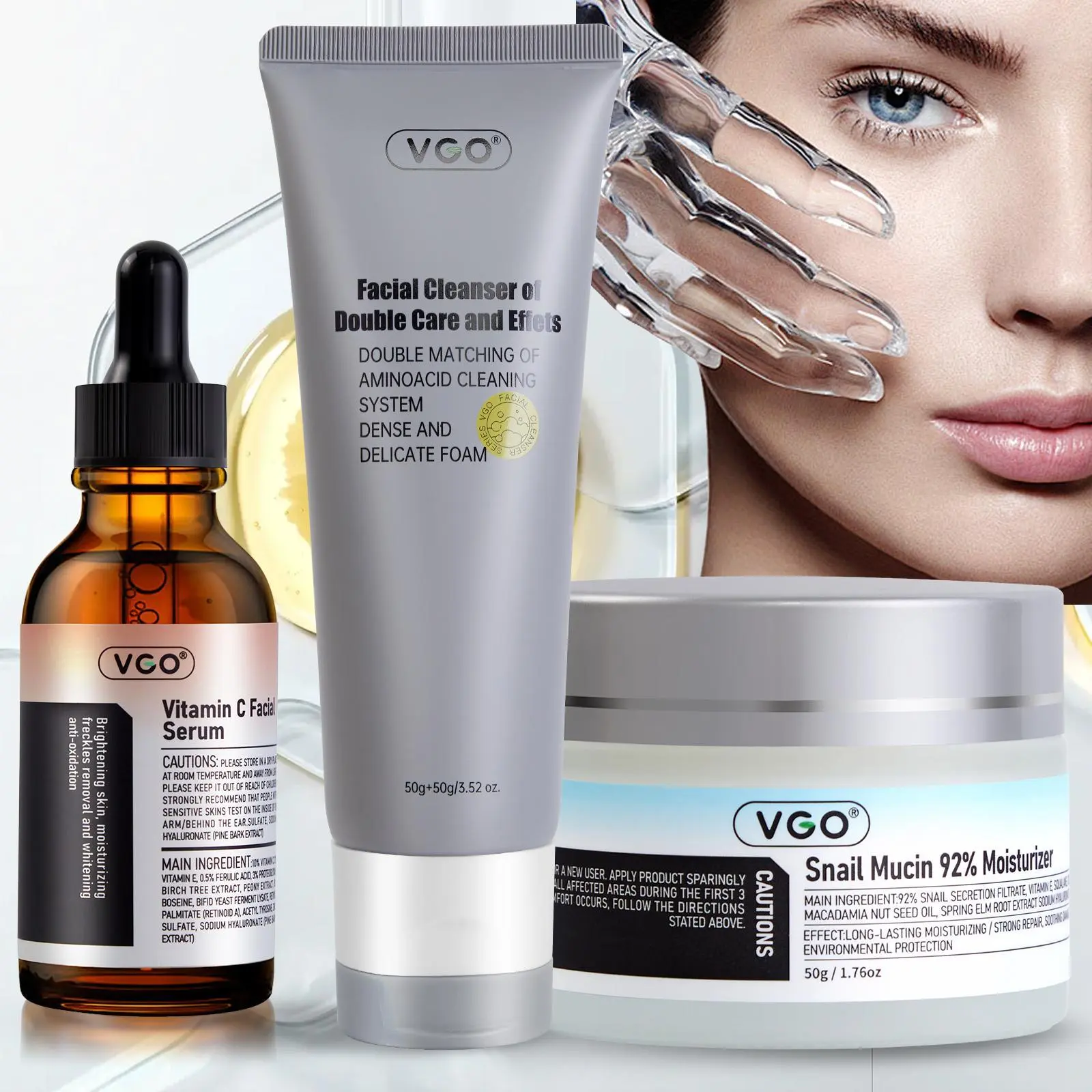[Double Order  Double Gifts]VGO 3-Piece Skincare Set – Vitamin C Serum + Snail 92% Cream + Dual Cleanser – Anti-Aging, Hydrating & Restore – Fades Dark Spots, Fine Lines & Dryness – Ideal for Sensitive & Dry Skin pore multi-correction skin anti-wrinkle