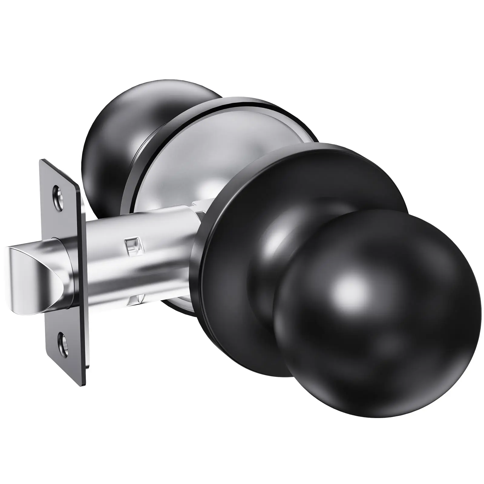 Interior/Exterior Keyless Entry Door Knob - Round Ball Design for Bedroom & Passage Doors, Black Finish | Home Stylish No-Key Lock Handle for Indoor/Outdoor Use.black and silvery doorknob combo cylindrical lock
