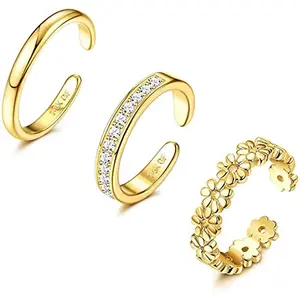 3PCS Toe Rings Set for Women 14K Gold Plating Adjustable Simple CZ Flower Ring Summer Beach Jewelry