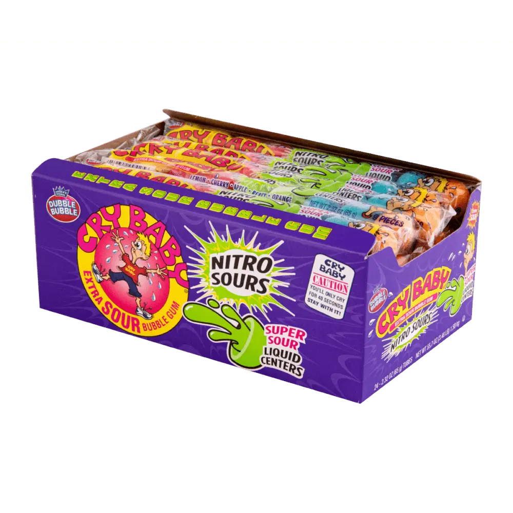 Dubble Bubble Cry Baby Nitro Sour 24 ct. - Super Extra Sour and Hard Gum Balls with Assorted Fruit Flavor - 24 Count Pack Snack Candy Sugar Corn