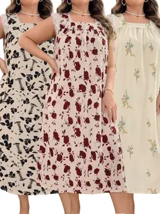 Women's Summer Sleepwear Set, Floral Pattern Lace Trim Design, Loose Fit Short Sleeve Nightgown, Casual Home Wear, Loungewear