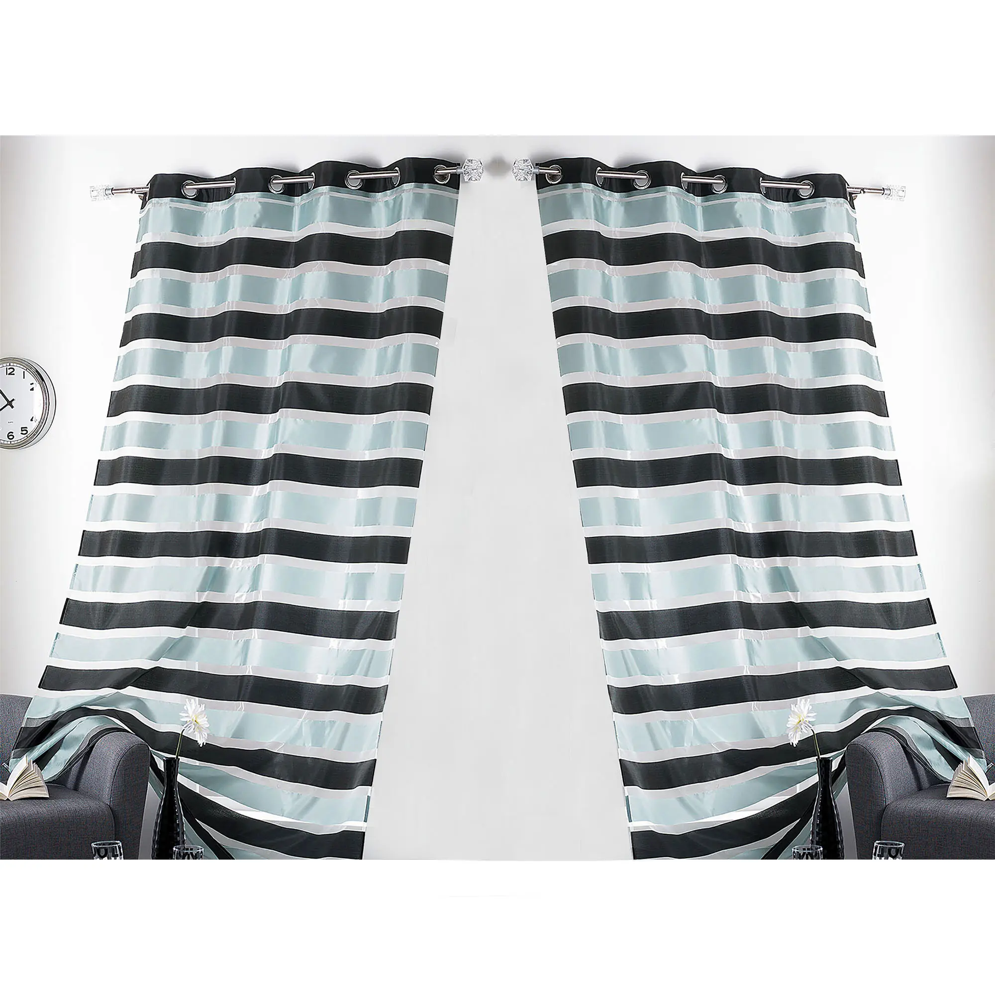 Set of 2 Striped Sheer Curtain Panels - Black and Blue Gray, Light-Filtering Drapes for Modern Home Décor, 95 x 55 Inches