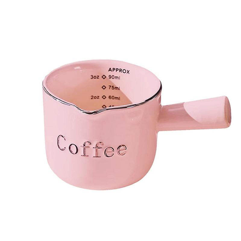 Pink Espresso Cups Ceramic with Handle, Measuring Cup with Dual Scale, Espresso Shot Glass with V-Shaped Mouth, 3 OZ Espresso Accessories