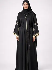 Black & Gold Embroidered Kimono Abaya with Beaded Belt – Size 54