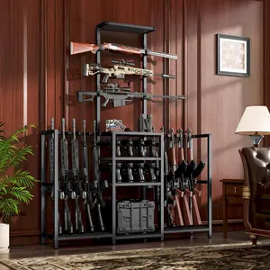 68" Tall Gun Rack, Indoor Gun Racks for Floor Standing Gun Display Stand, Rustic Wooden Gun Stand with Soft Padding and Pistol Holder, Holds up 13 Long Guns and 8 Handguns(Black, 53.3" L)