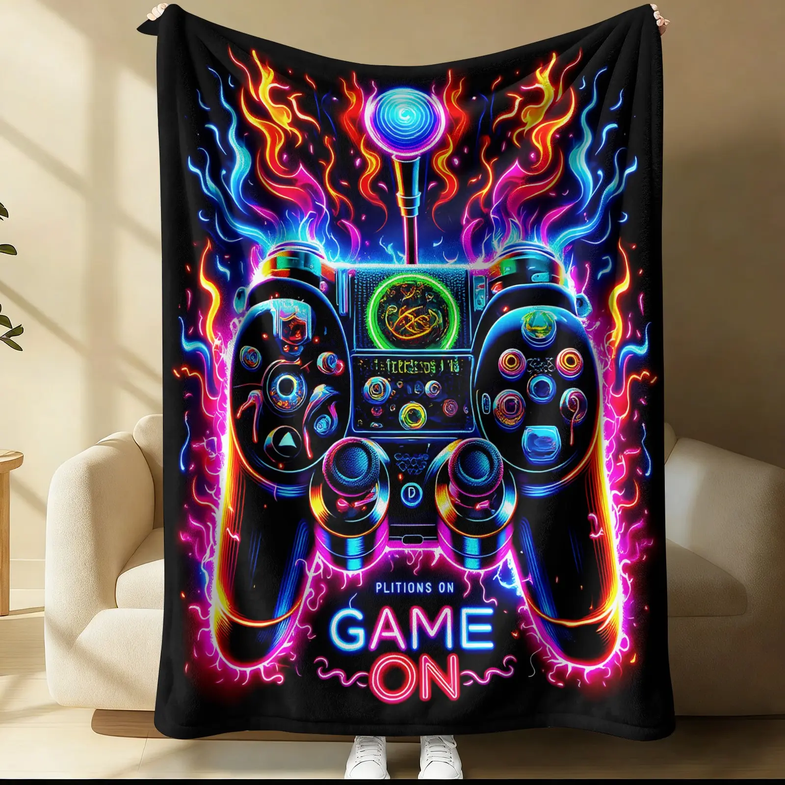 E-Sports Game Themed Bedding, Colorful Game Controller Pattern Printed Flannel Blanket, Sofa Blanket, Soft Warm Blanket, Suitable for Bedroom Decoration on Gaming Days, Soft and Comfortable, Skin Friendly (9 Styles Available)