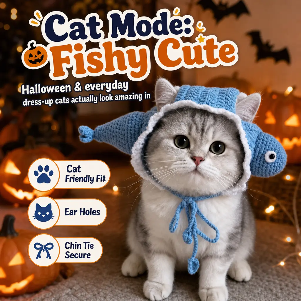 Crochet Fish Pet Hat for Cats & Dogs – Handmade Soft Yarn Funny Costume Bonnet, Halloween & Daily Photo Prop
