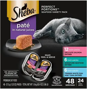 Sheba Perfect Portions Wet Cat Food Pate with Sustainable Salmon, Signature Seafood Entree, and Tender White Fish and Tuna Entree Variety Pack, 2.6 oz. Twin Pack Trays (24 Count, 48 Servings)