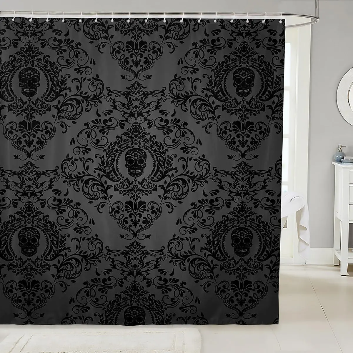 Adults Black Vintage Damask Floral Shower Curtain Oriental Antique Bathroom Shower Curtain Set Gothic Bohemia Boho Bath Curtain Exotic Sugar Skull Bathroom Accessories