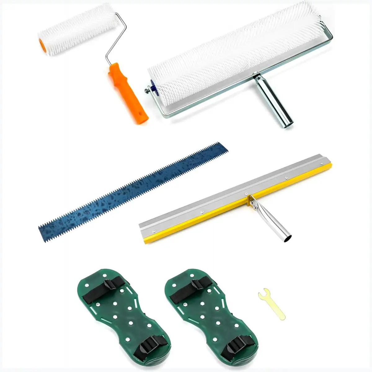 Self-Levelling Cement Tool Kit - Flooring Equipment with Construction Roller Spike Shoes, Epoxy Paint Tool, Stainless Steel Scraper, Self-Leveling Rake, Anti-Slip Anti-Rotation Teeth, Easy to Install, Thickness Control, Smooth Surface Creation, Flooring I