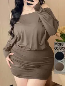 【Plus Size】1 Piece Plus Size Women's Off-Shoulder Long Sleeve Bodycon Mini Dress, Trendy Casual Style, Stretchy Fabric & Flattering Fit, Off-The-Shoulder Long Sleeve Design, For Curvy Fashion-Loving Women, Perfect for Streetwear, Casual Dates