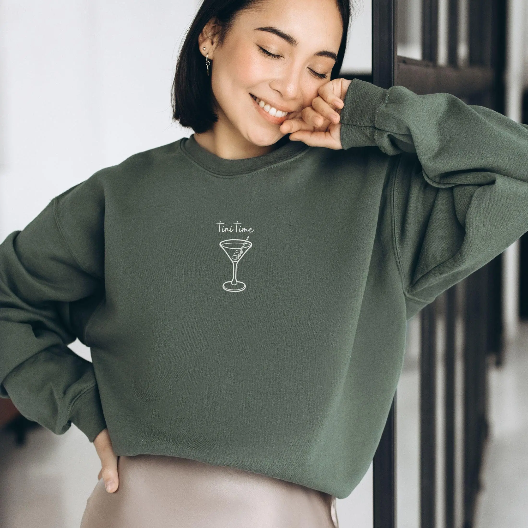 Tini Time Sweatshirt - Casual Crew Neck Long Sleeve Medium Length Winter Sweater with Martini Glass Design for Holiday Parties & Gifting
