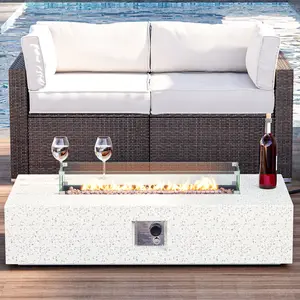 HOMPUS Outdoor Rectangular Propane Fire Pit Table, Fire Table w Wind Guard, 50000 BTU Fire Pit w Free Waterproof Cover & Stone