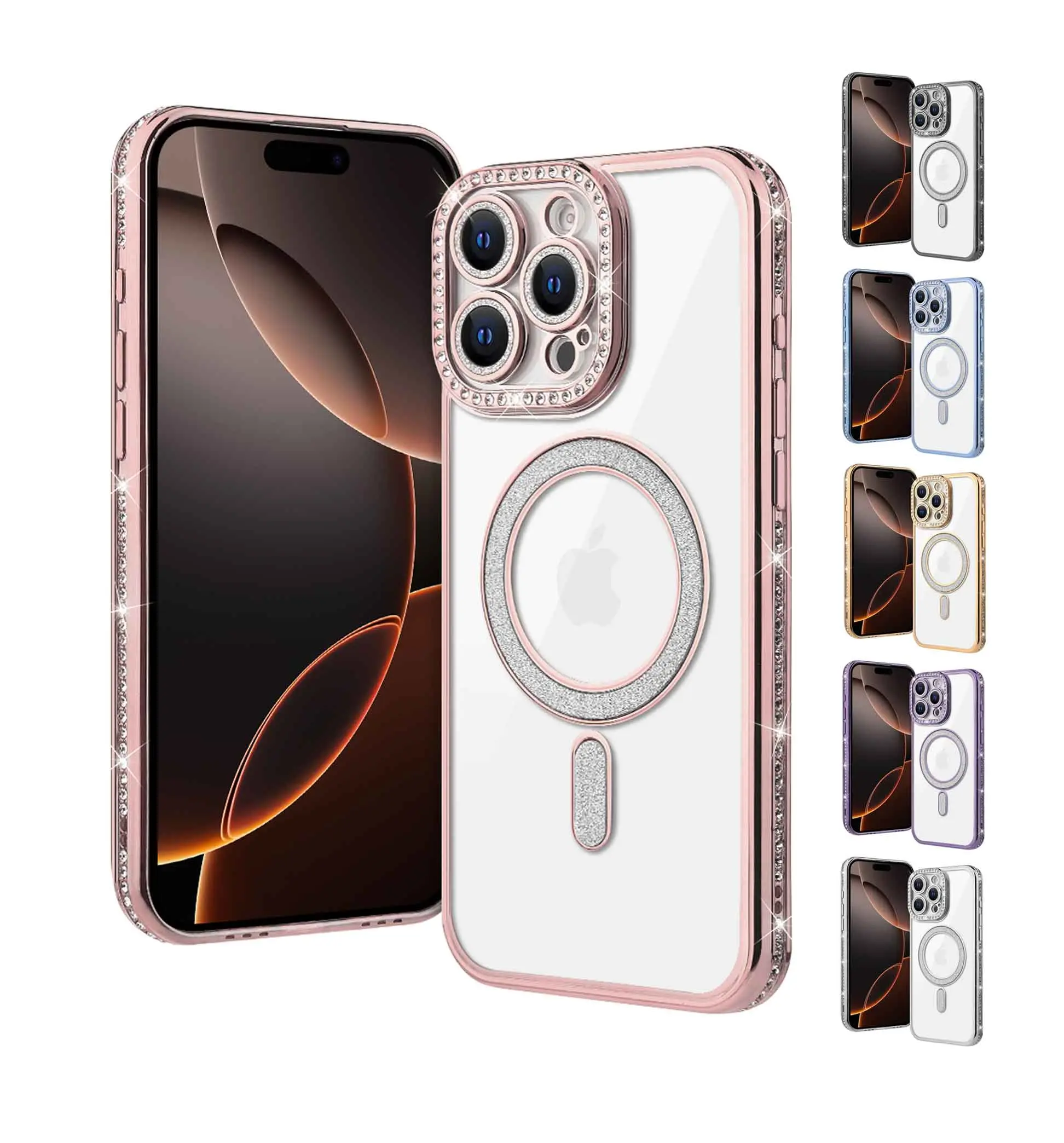 HappyDeal Cover for Apple iPhone 16 PRO MAX - Clear Chrome Case with Rhinestone TPU Edge Bumper & Rhinestone Built-in Lens Cover Compatible with MagSafe Charger