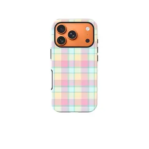 Spring/Summer Pink & Orange Plaid Line Design Dual-Layer Protective Case — A sturdy and durable 2-in-1 case compatible with iPhone 17/16/15/14/13/12/11 Pro Max/Plus/Pro and Samsung Galaxy S25/S24/S23 Ultra series. A stylish and minimalist phone case.