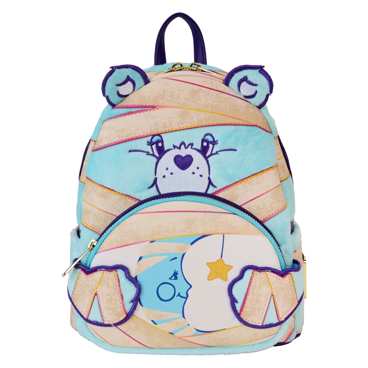 Mummy Bear Character Mini Backpack, Plush Bag with Vegan Leather Trim, Adjustable Straps, Pockets, and Night-Glow Detail