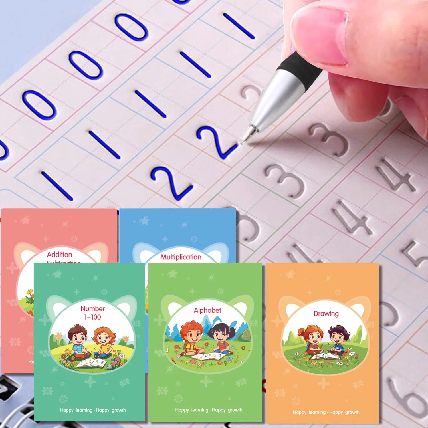 5-Pack Kids Handwriting Practice Workbook Set, Reusable 3D Grooved Tracing Books with Disappearing Ink Pens, Refills and Pencil Grips, Preschool Learning for Alphabet, Numbers, Math and Drawing, Ages 3-8