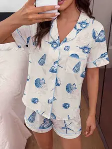 Women's 2-Piece Pajama Set, Ocean Shell Print, Short Sleeve Button-Down Top, Elastic Shorts, Elegant & Comfortable Sleepwear