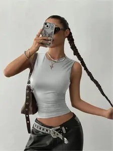 Women's Y2K Style Leather Sleeveless Vest Top, Fitted, Fashionable Aesthetic Spring Summer Fall Wear, Casual & Stylish Design, Perfect for Daily Womenswear, Basic, Trendy, Versatile, Comfort, Outfit, Essential