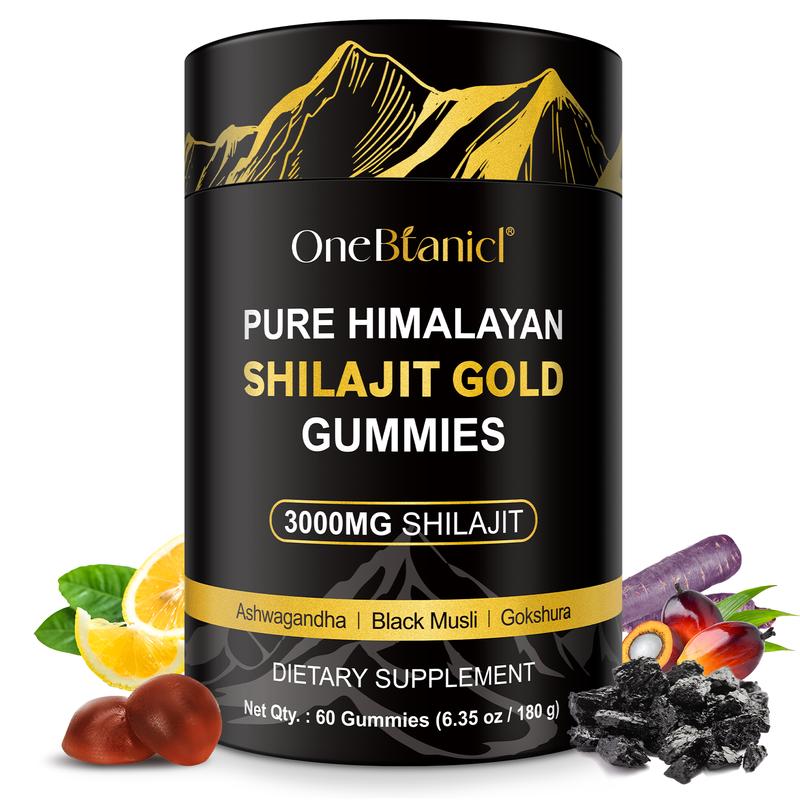 ONEBTANICL Pure Himalayan Shilajit Gold Gummies 3000MG Lab Tested No Sugar Added with Ashwagandha Gokshura & 85+ Trace Minerals 60 Count