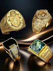 4PCS Men's Vintage Gold Tone Ring Set, 18K Gold Tone Plated with Lion Crest, Crown, Black Onyx & Blue Cubic Zirconia Designs, Hypoallergenic & Fade Resistant, Bold Heavy Craft, Versatile for Business & Casual Wear, Ideal Gift for Boyfriend & Father