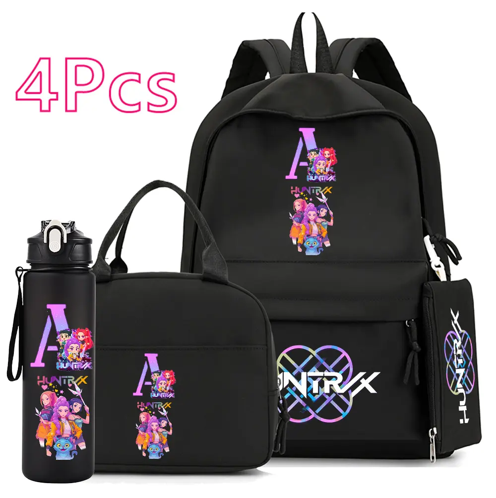 HUNTRIX Initial Letter [A-Z] Custom School Backpack Set, 4-Piece Bundle with Bookbag, Lunch Bag, Pencil Case & Water Bottle, Classic Black Student Book Bag