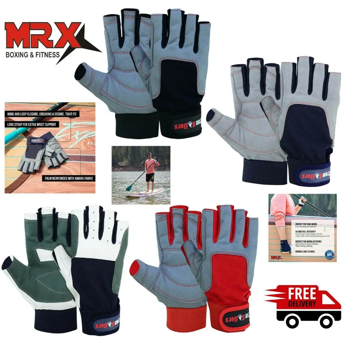 MRX Amara Leather Sailing Gloves - 3/4 Cut Fingers, Anti-Skid Grip, Sweat-Absorbing Training & Sports Gloves for Kayaking, Training Gloves, Anti-Skid Sports Gloves