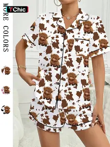Valentine's Day Women's Sleepwear Set, Comfortable Cute Elastic Highland Cow Milk Cow Pattern Shirt and Pants Two-Piece Suit