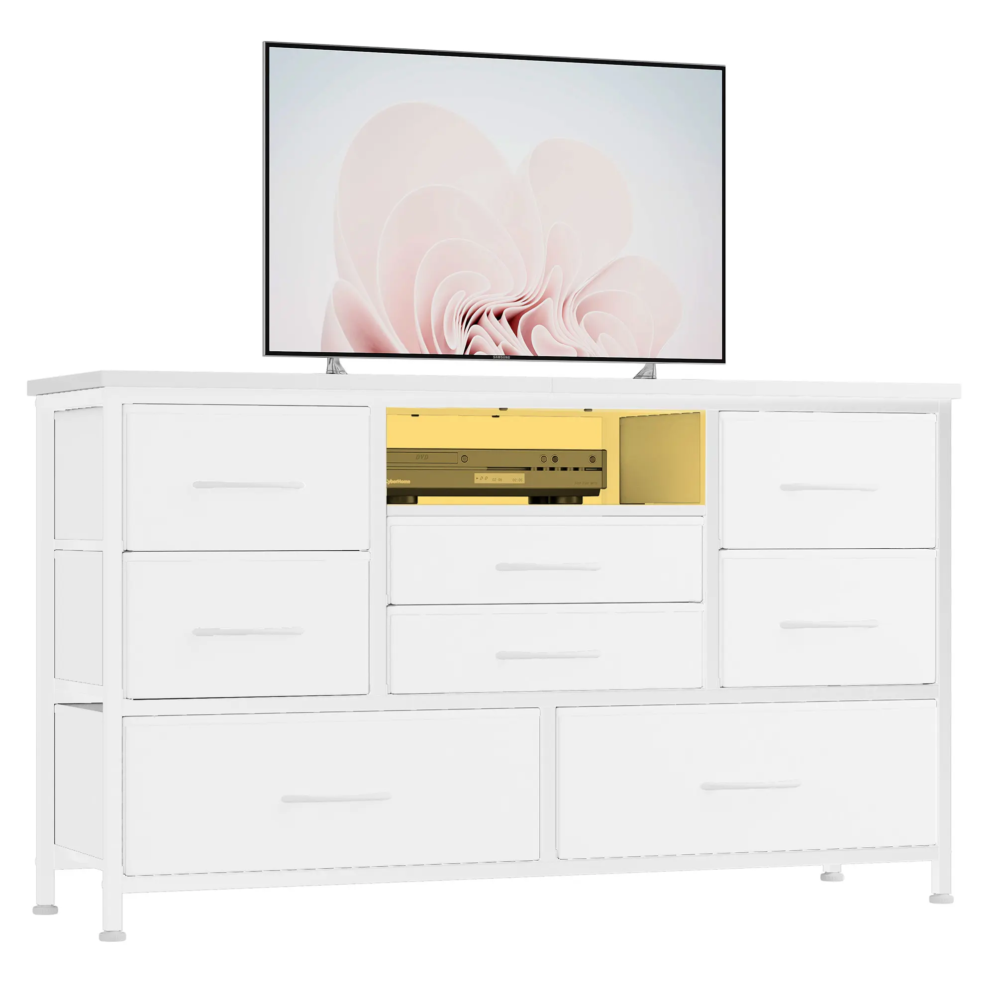Modern 8-Drawer Fabric Dressers Chest - LED Lights, Power Outlets, Sturdy Metal Frame, Solid Wood Top, Anti-Tip Kit, TV Stand & Multimedia Centre for Living Room, Guest Room, Entryway