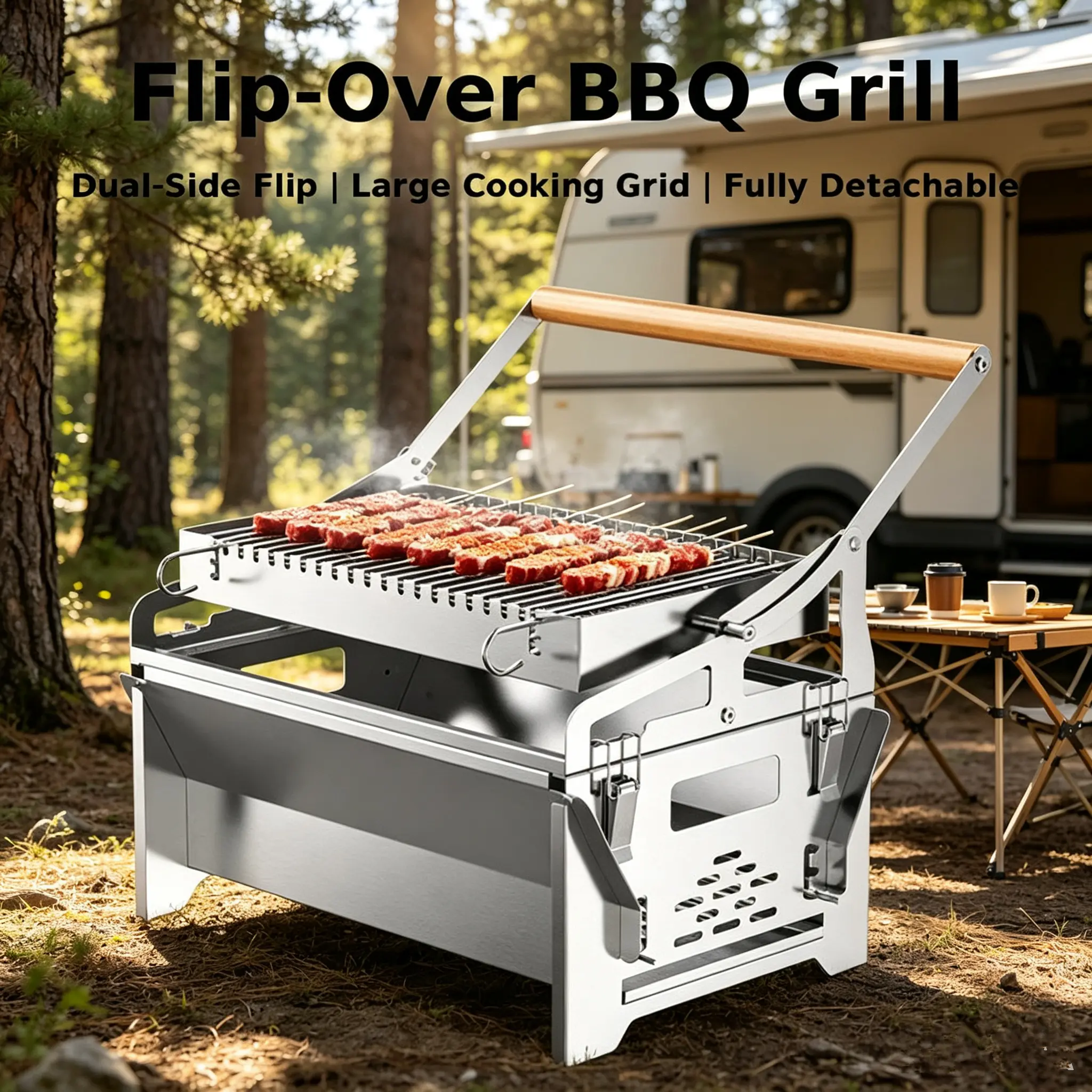 Portable Detachable Flip-Over Grill - Steel Plate Charcoal Grills BBQ, Compact Tabletop BBQ Outdoor Cooking Equipment for Backyard, Camping,toolupgrade