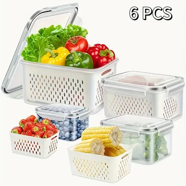 Plastic Food Storage Containers with Double-Layer Draining Basket, Kitchen Sealing Boxes for Food Preservation and Freezing