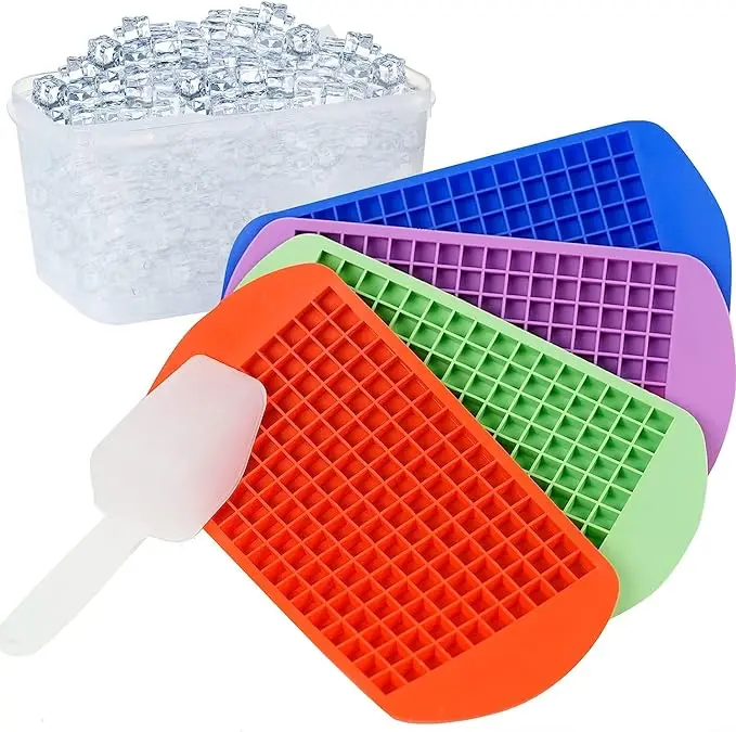 Mini Ice Cube Trays for Freezer with Bin and Scoop, 4 Pack 640 Small Nugget Ice Cube Tray Silicone BPA Free, Tiny Crushed Ice cubes Maker Molds for Chilling Coffee Juice Cocktail Whisky Boba