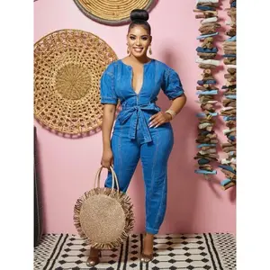 2 piece sets women Sexy Denim Jumpsuit for Women Lace-up Pencil Pant Jeans Short Sleeve Sashes Long Rompers Playsuits One Piece Overalls Outfits