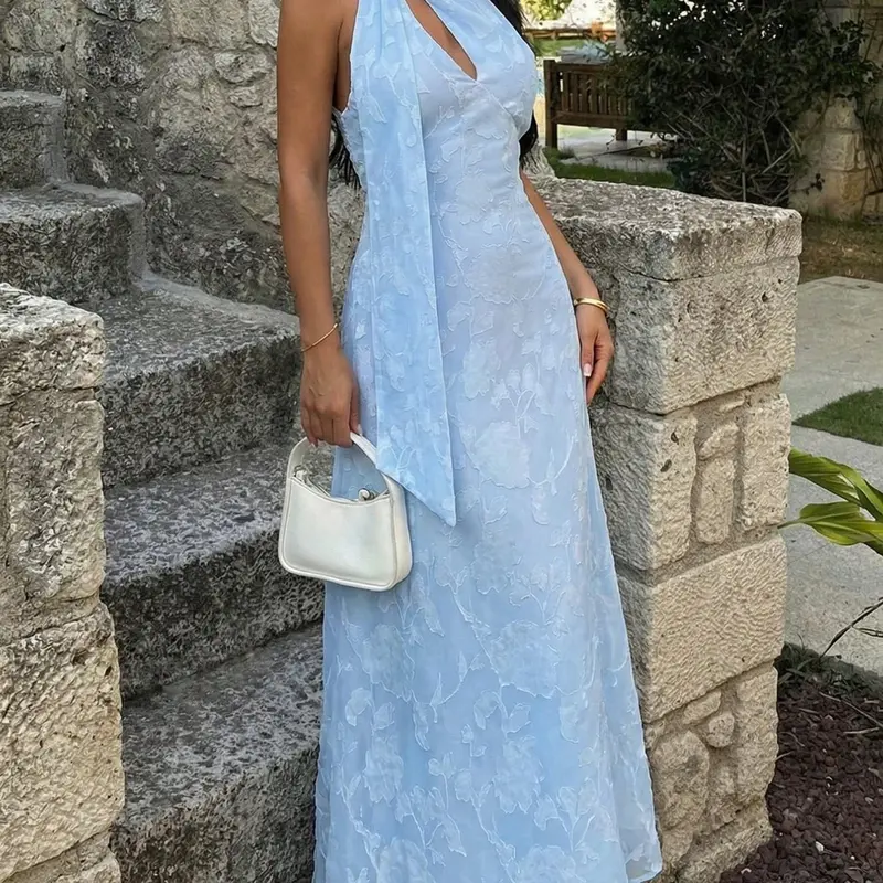 Women's Elegant Flared Halter Neck Hollow-Out Waist A-Line Dress, Halter Neckline Dress, Woven, Suitable For Spring/Summer, Parties, Weddings, Guests, Bridesmaids, Birthdays, Dates, Beach Vacations, Light Blue Long Dress, Formal Wedding Guest Dress