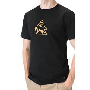 Black T-Shirt with Golden Bull Graphic on Front - Fitted Short Sleeve Crew Neck Casual Graphic Summer Menswear - Premium Cotton Spandex Blend Breathable Fabric