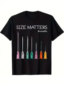 Size Matters # NurseLife Graphic T-Shirt - 100% 180g 100% Cotton Black Tee with Colorful Syringe Design & Bold "SIZE MATTERS # Nurselife" Print, Short Sleeve Round Neck Casual Shirt for Nurses & Healthcare Professionals - Perfect Gift for Medical Staff, N