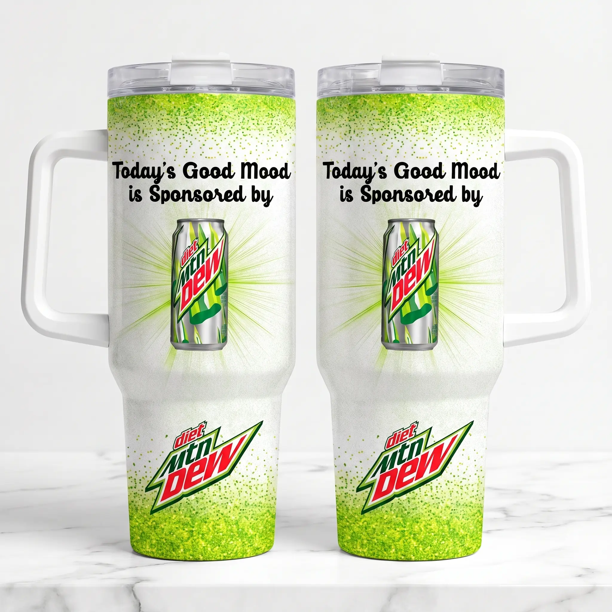 40oz Insulated Reusable Stainless Steel Diet Mtn Dew Tumbler with Handle & Lid - Lime Green Glitter Printed Stylish Travel Mug, Soda Can Graphic Drinkware, Funny Merchandise Gift for Her