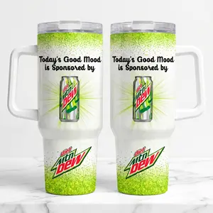 Today's Good Mood Is Sponsored By Diet Mtn Dew Tumbler With Handle 40oz, Lime Green Glitter Soda Mountain Dew Can Graphic Insulated Travel Mug, Stainless Steel Water Bottle Straw Cup Large Aesthetic Merchandise Funny Gifts For Her Men