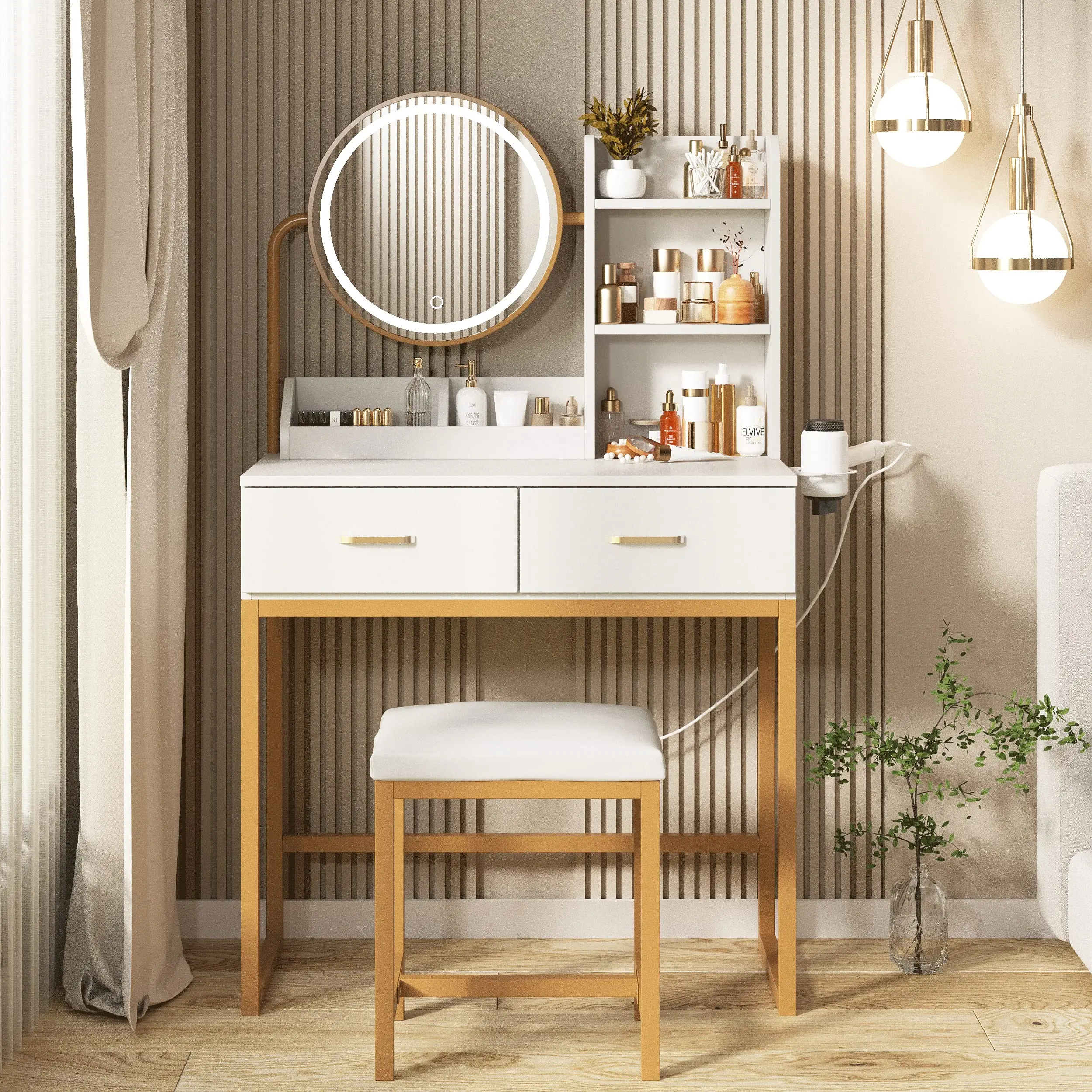 [Summergarden] Vabches Makeup Vanity with Round Mirror and Lights, White Vanity Makeup Table with Charging Station, Small Vanity Table for Bedroom, 3 Lighting Modes