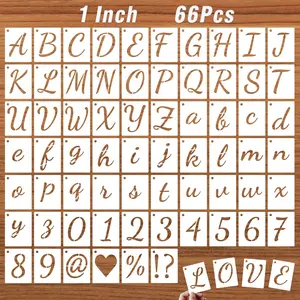 Letter Stencils Kits 1 Inch 66 Pcs Calligraphy Alphabet and Number Stencil Painting on Wood Reusable Plastic Art Craft Cursive Lettering Template Upper and Lower case