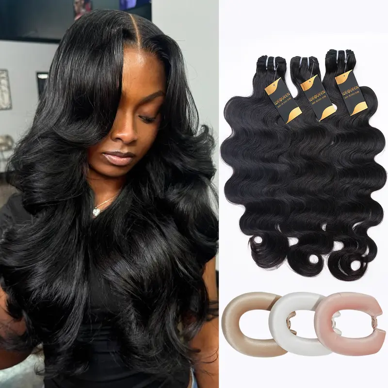[Wequeen] Female 100% Real Human Hair Bundles - DIY Extensions, Wavy No-Heat Curls Kit, 10-Min Ready Hairstyle, Free Flexi Rods for Versatile Styling
