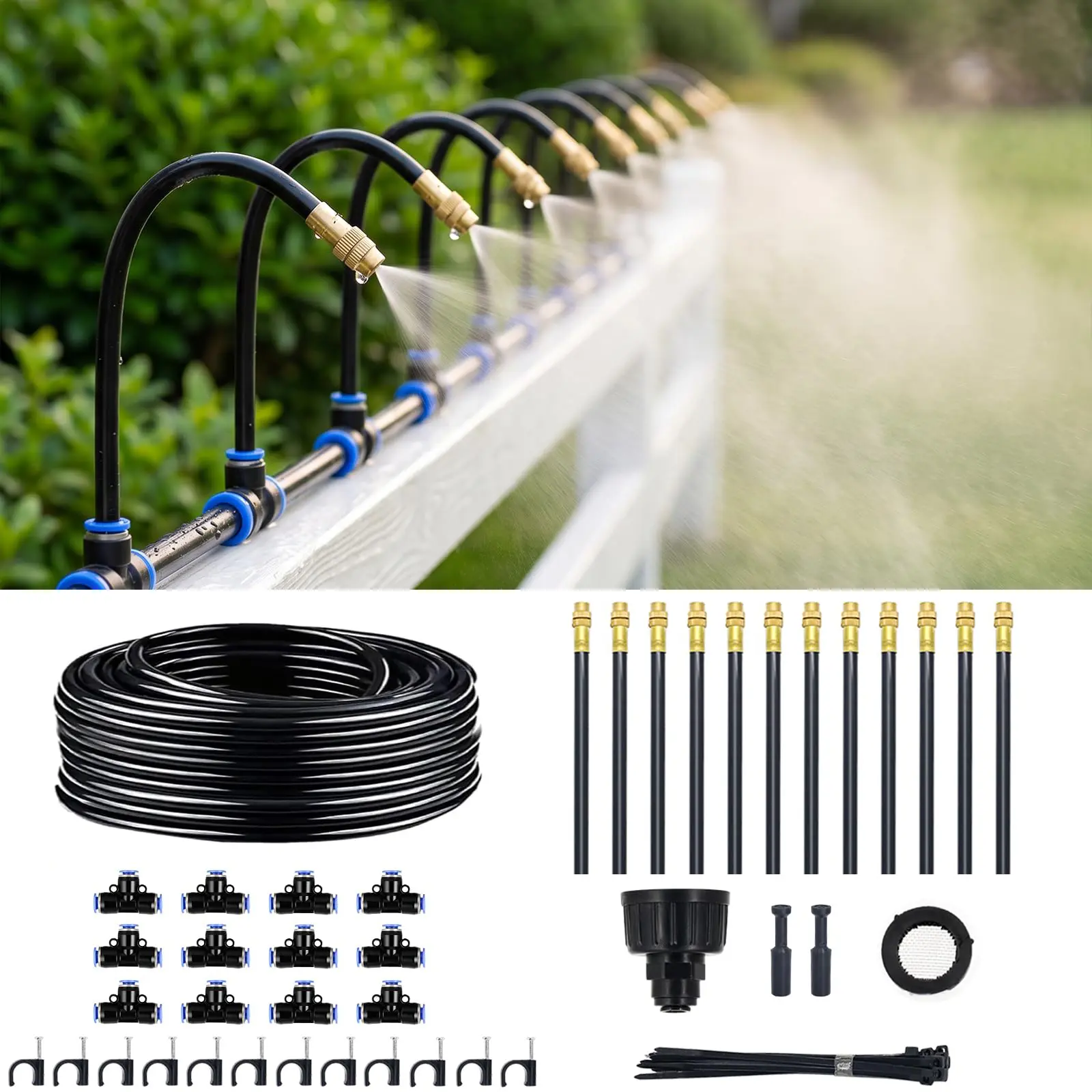 Garden Irrigation System - 50ft Black Hose, 12 Brass Fittings, 12 Sprinkler Heads, Durable Design for Outdoor Use, Drip Irrigation System