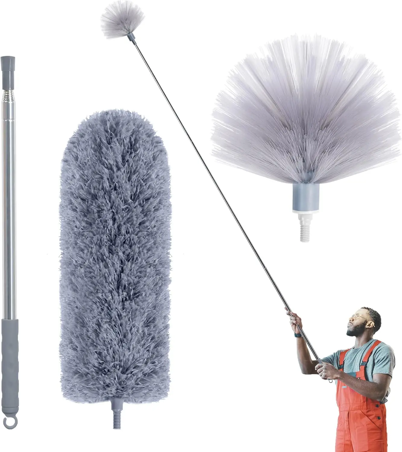 2-Heads Adjustable Stainless Steel Extendable Cobweb Duster Kit - 100in Pole, Removable Washable Microfiber & Silicone Heads, Eco-Friendly Solutions for Ceiling, Ceiling Fan (Indoor Home Supplies)