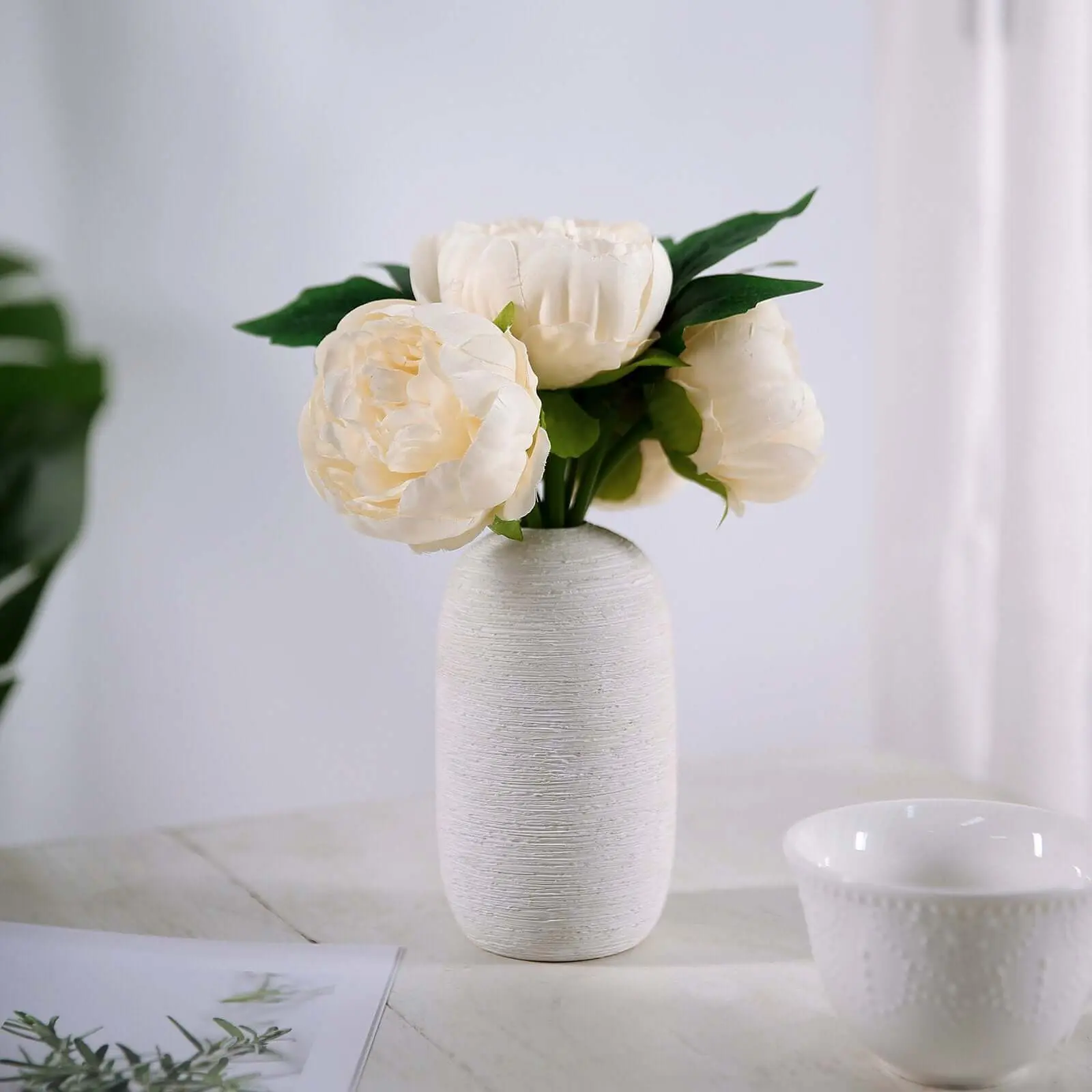 Decorative Beige Artificial Silk Peony Bouquet - 5 Flower Heads, Floral Spray for Home Decor