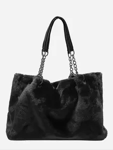 Women's Elegant Minimalist Fluffy Tote Bag, Tote Bags for School Casual Versatile Trendy Fuzzy Shoulder Bag with Chain Strap, 2025 New Tote Bag for Fall & Winter