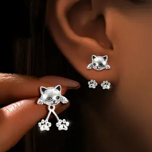 Pair of  Silver Cat Paw Dangle Earrings - Cute Cartoon Design, Hypoallergenic, Perfect for Daily Wear & Gifting, Ideal for Halloween & Parties, Cute Earrings