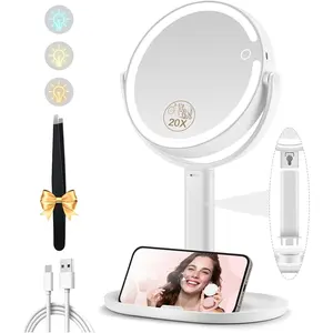 MOMOKUBA Makeup Mirror with Lights, Double Sided 1x/20x Magnifying Mirror with Light, Rechargeable 3 Color Lights and Adjustable Brightness, 360 °   Rotation Detachable Comes with Tweezer(White)