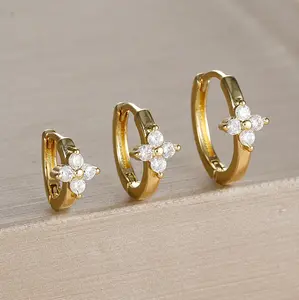 3PCS Dainty Clover Crystal Hoop Earrings Set | Gold Tone Copper Minimalist Jewelry | Trendy Four Leaf Clover Huggie Earrings for Women | Everyday Wear, Bridesmaid Gift, Birthday & Holiday Present banquet accessory