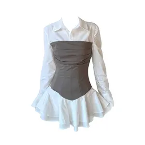 2025 2000s Women's White Patchwork A-line Shirt Dress Luxury Mini Dresses Vintage Long Sleeve Polo-Neck Dress Y2k One Piece Frocks Summer Casual Womenswear